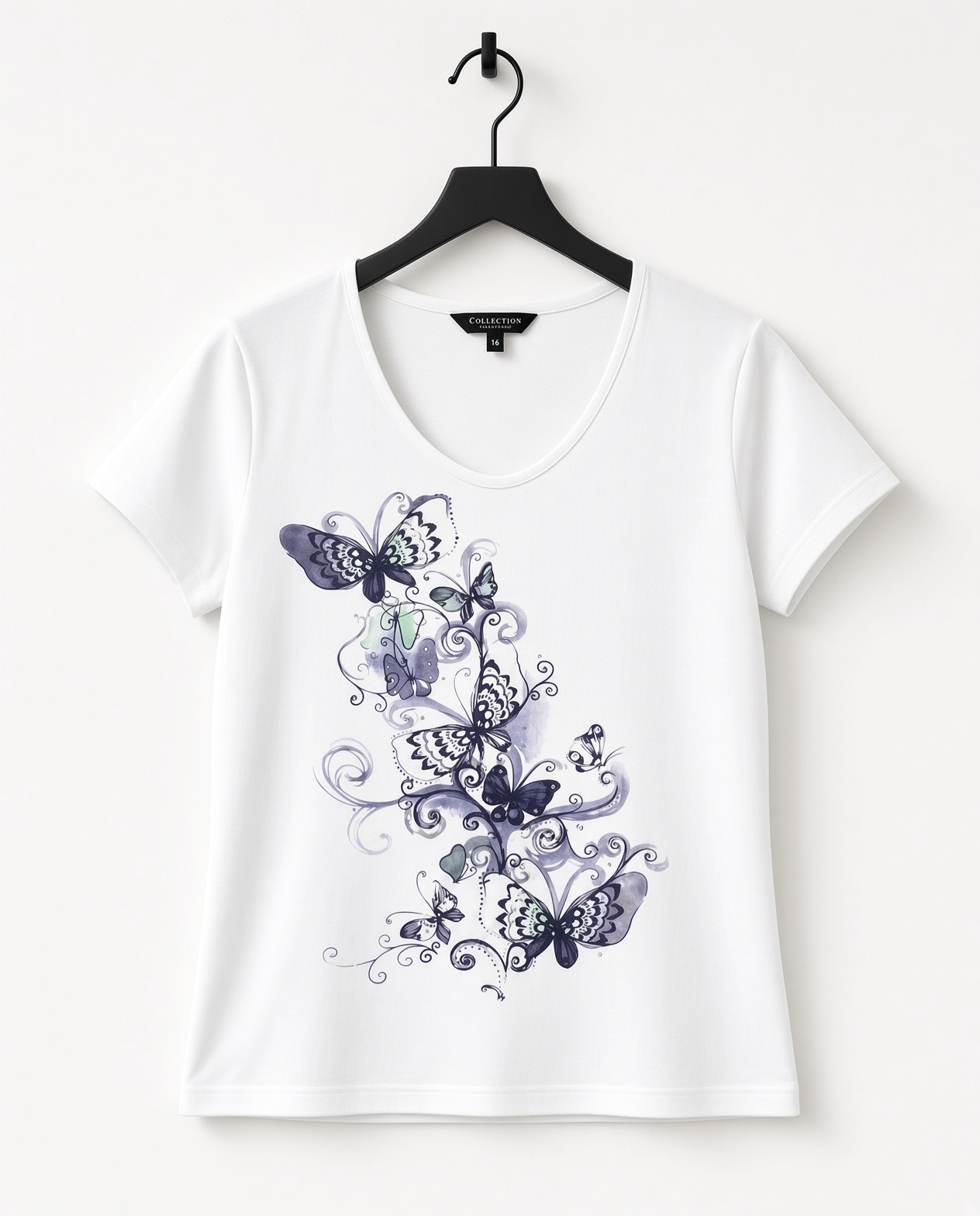 Debenhams Collection Womens T-Shirt Size 16 White Butterfly Graphic V-Neck Top