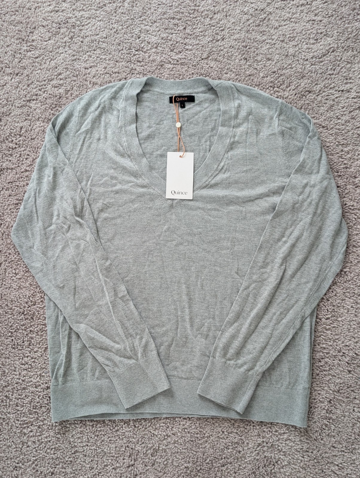 Quince Lightweight Cotton Cashmere V-Neck Sweater Womens Large Heather Gray NWT