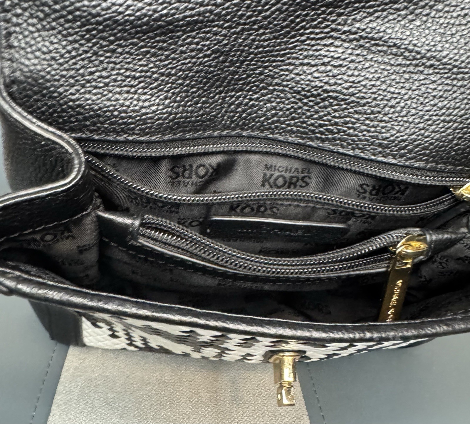 Michael Kors Small Black & White Geometric Satchel Top Handle, Turn Lock, Strap