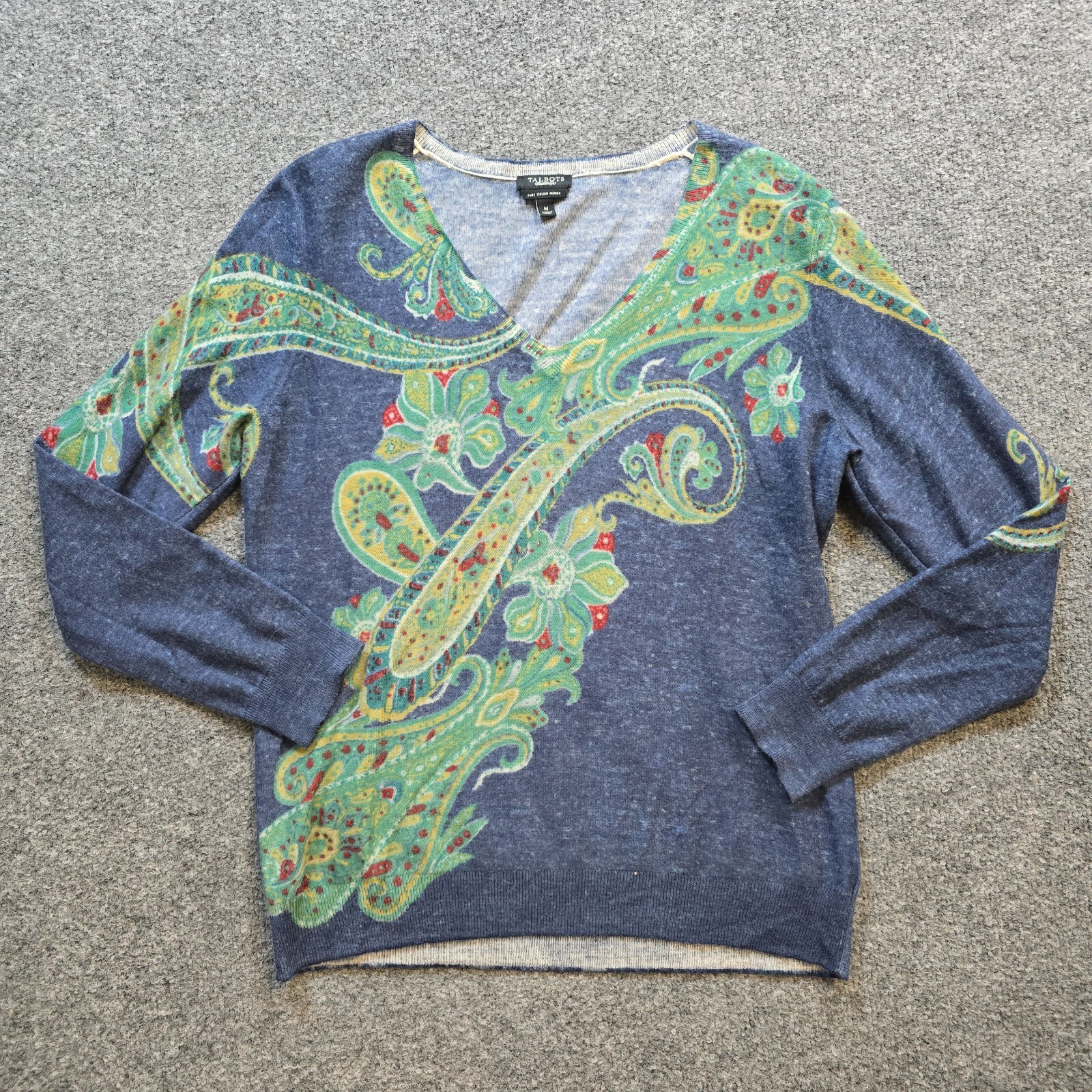 Talbots Sweater Womens Size Medium Blue Green Paisley Merino Wool Career Top