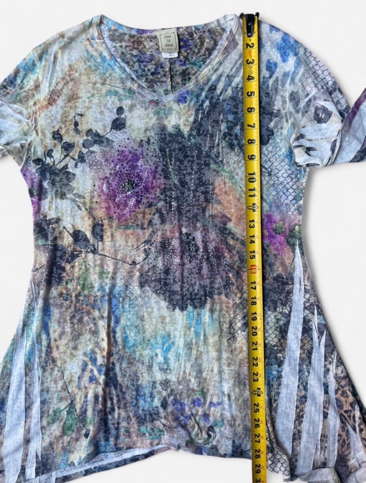Jess & Jane Asymmetrical Abstract Floral Print Semi Sheer Sequin Tunic Top Sz S