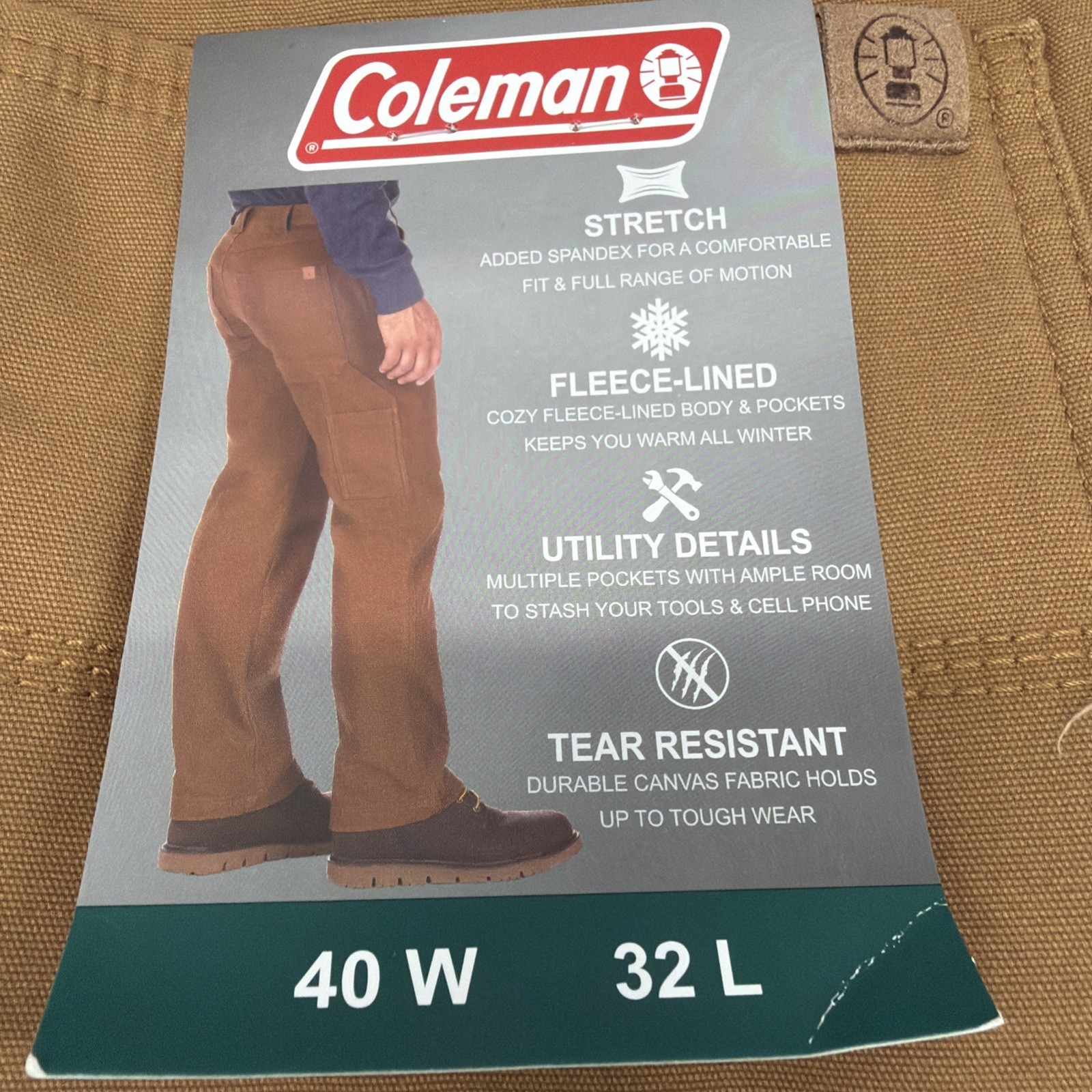 Coleman Men’s Extra Warm Durable Canvas Fleece Lined Utility Pant Toffee 40×32