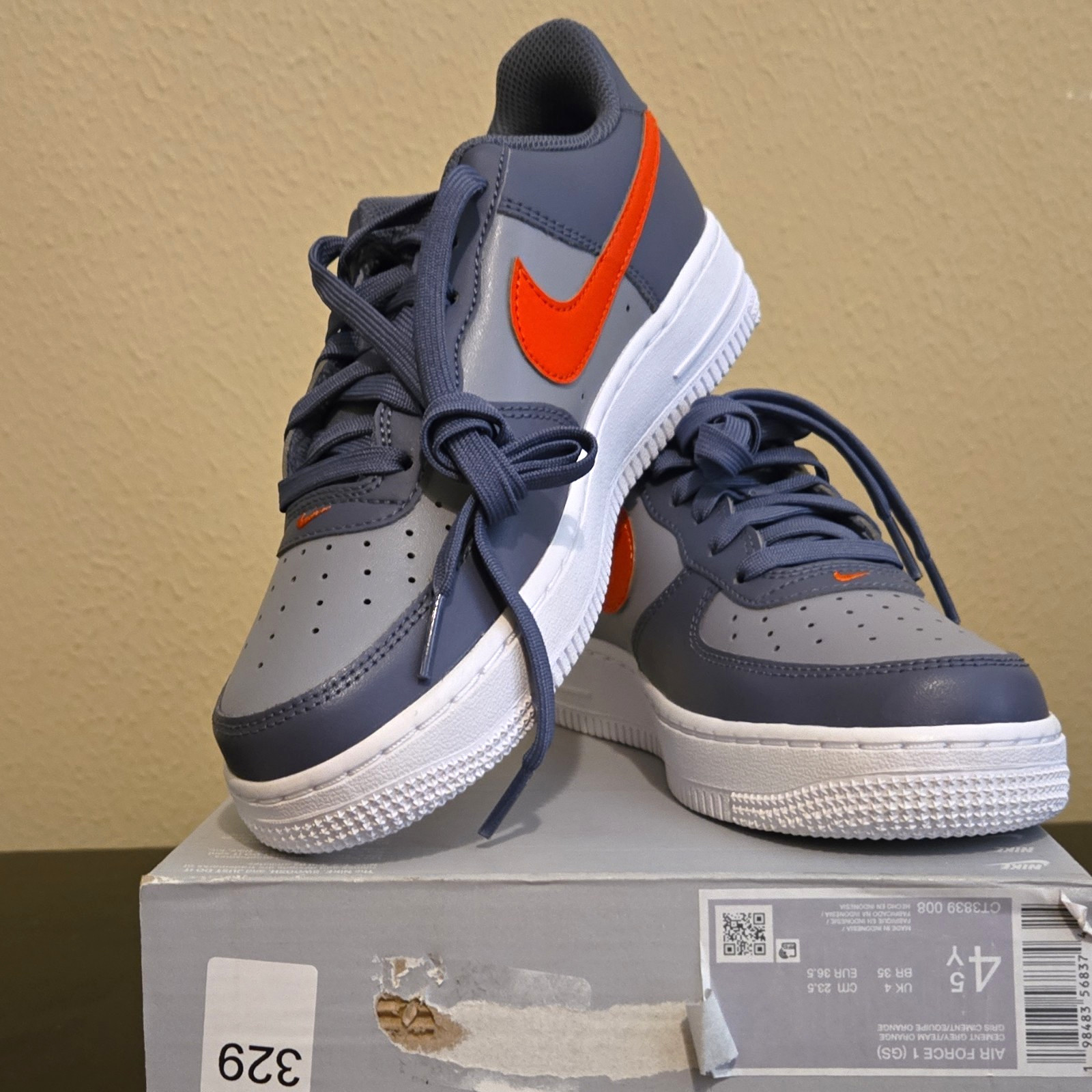 Nike Air Force 1 (GS) Gray/Orange/White Sneaker Size 4.5Y CT3839-008