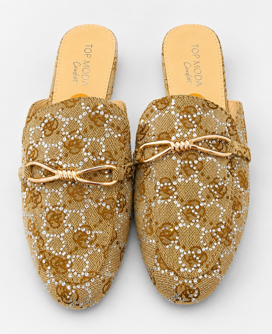 TOP MODA Women’s Beige/Gold Lace Mule Flats Floral Metallic Slip-On, 7.5