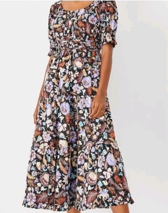 Ann Taylor Midi Peasant Dress Black Floral Tiered Skirt Ruffle Hem Size 2