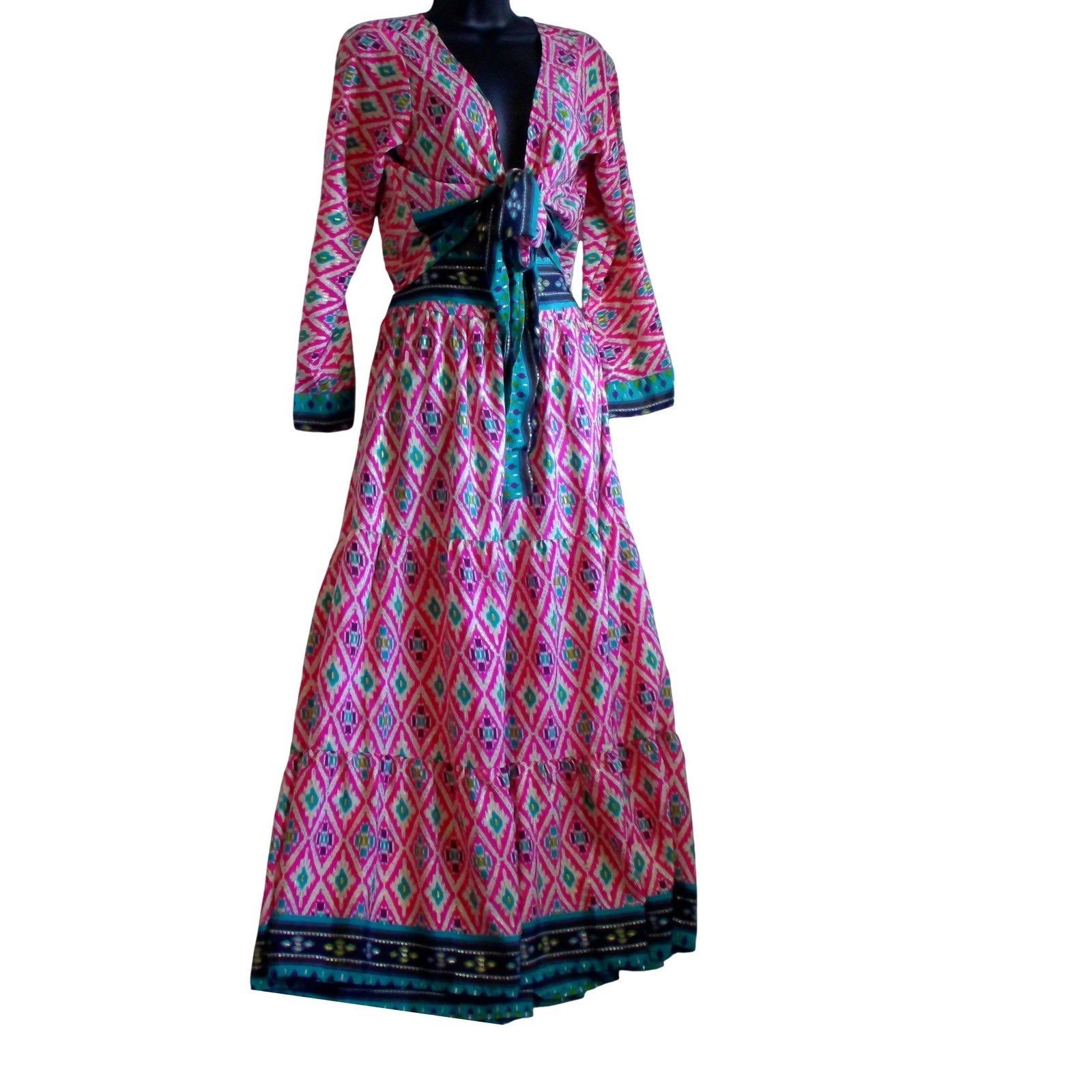 India Boutique Pink Ikat Tie Tiered Maxi SET 2PCS Gold Accents Boho NEW SIZE L