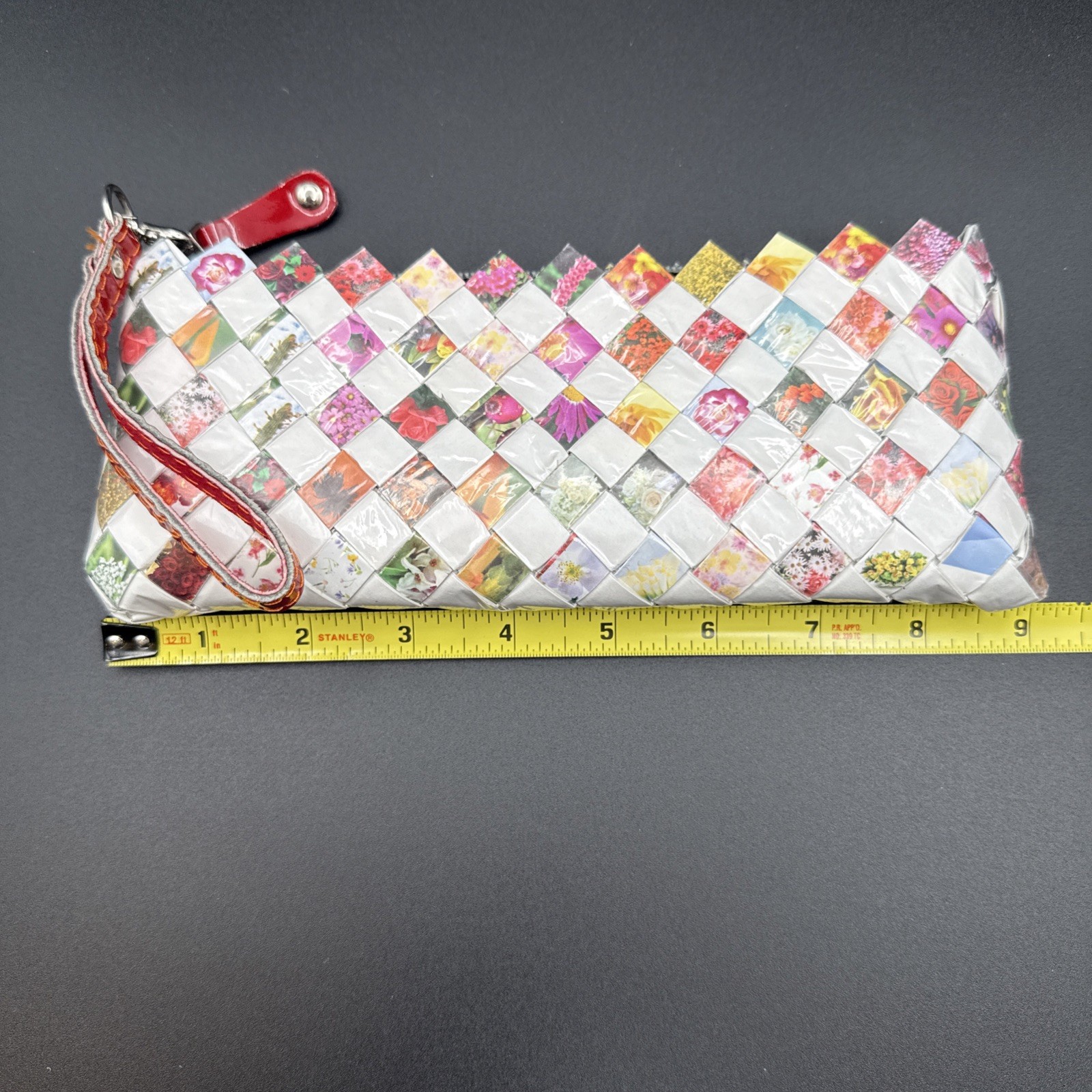 Nahui Ollin White And Floral Candy Wrapper Clutch Purse Wristlet Zip Top Woven