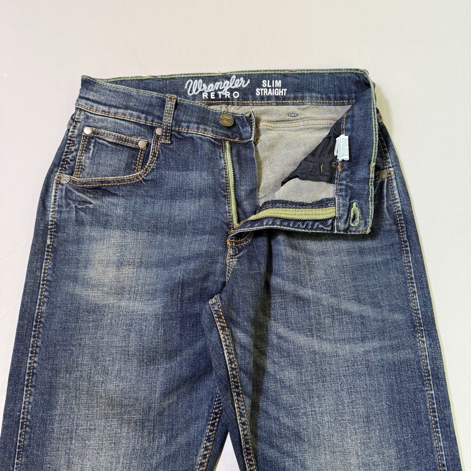 Wrangler Retro Jeans Mens 30×32 Blue Slim Straight Western Denim Pants Cowboy