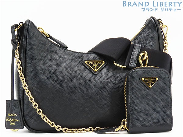 PRADA Re-Edition 2005 Black Gold Saffiano Leather Semi Shoulder Handbag 1BH204