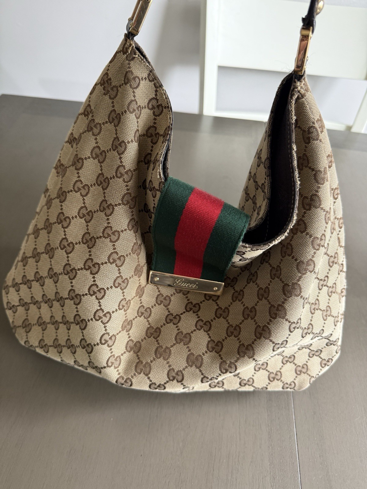 Gucci GG Web Hobo Bag Medium Brown Canvas