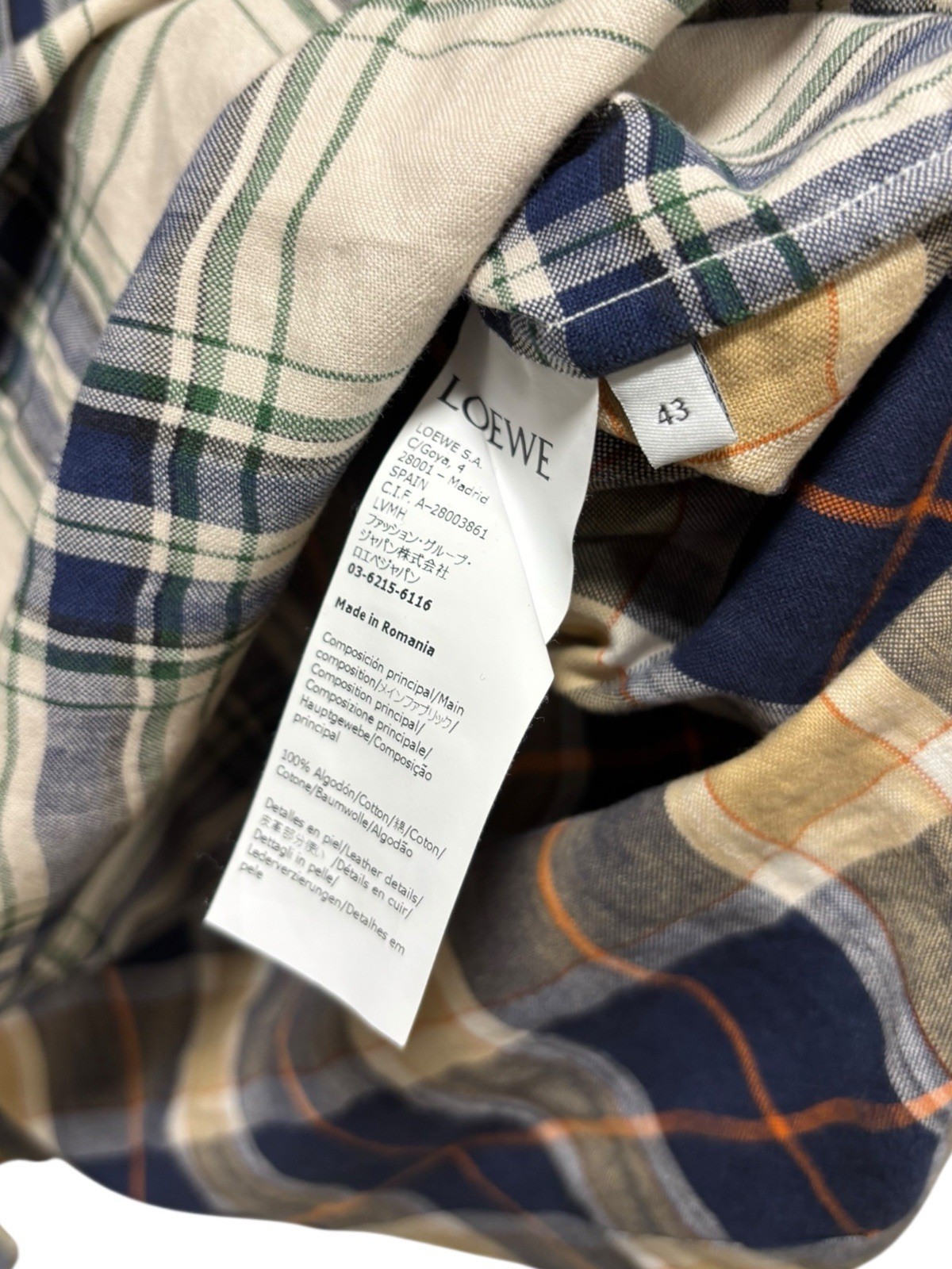LOEWE Casual Patchwork Shirt Size 43 Beige Leather Pocket Logo Romanian Made