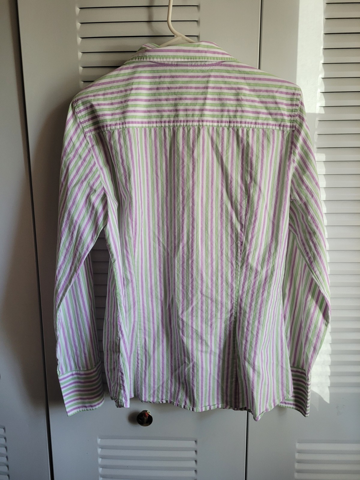 J. Crew Vertical Stripe Button-Down Shirt in White, Green & Pink Size Large