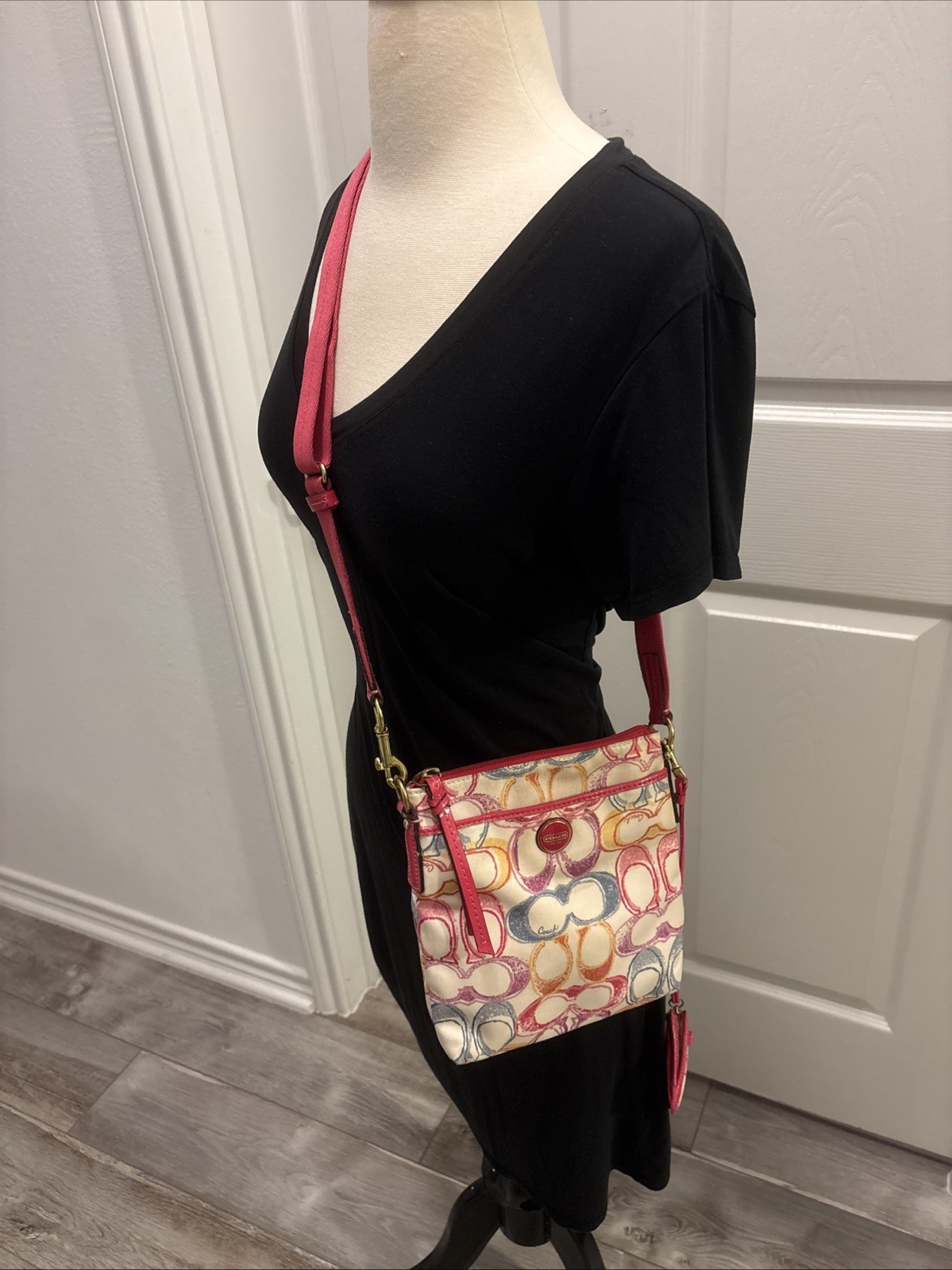 Coach Y2K Crossbody & Wallet multi color scribble signature print Canvas Pink