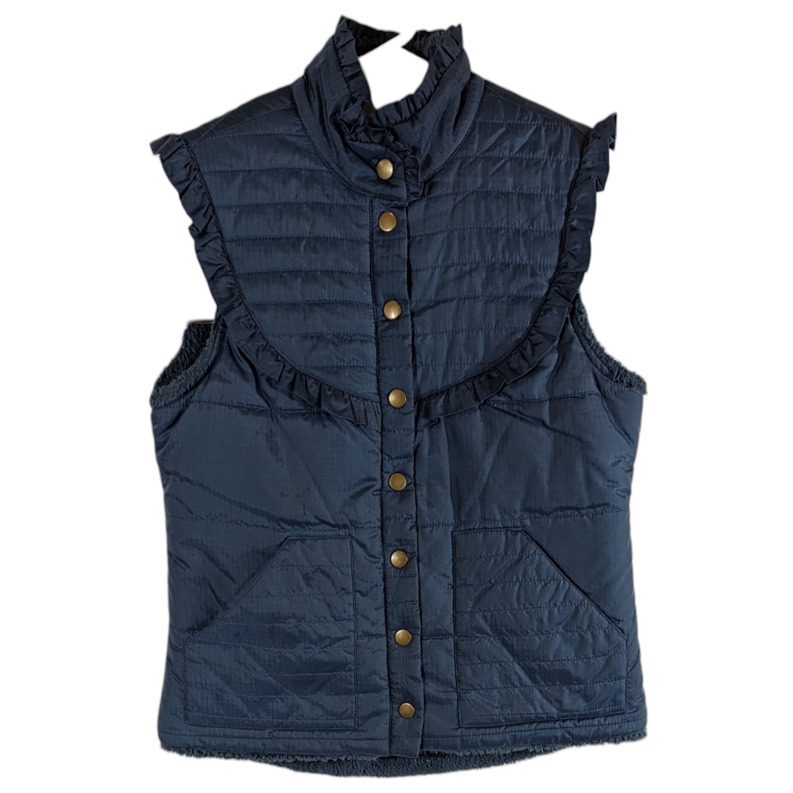 Free People Puffer Vest Dark Teal Blue Green Sherpa Size XS Quilted Ruffle Flaw