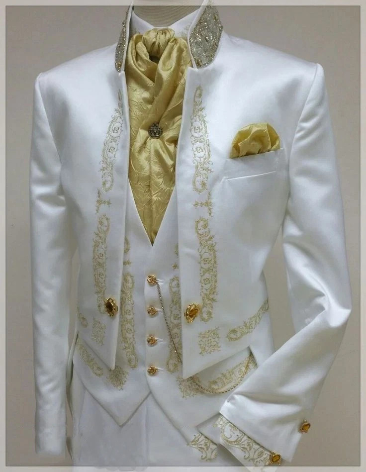 White Satin Men’s Suits Formal Wedding Party Dinner Banquet Prom Gold Applique