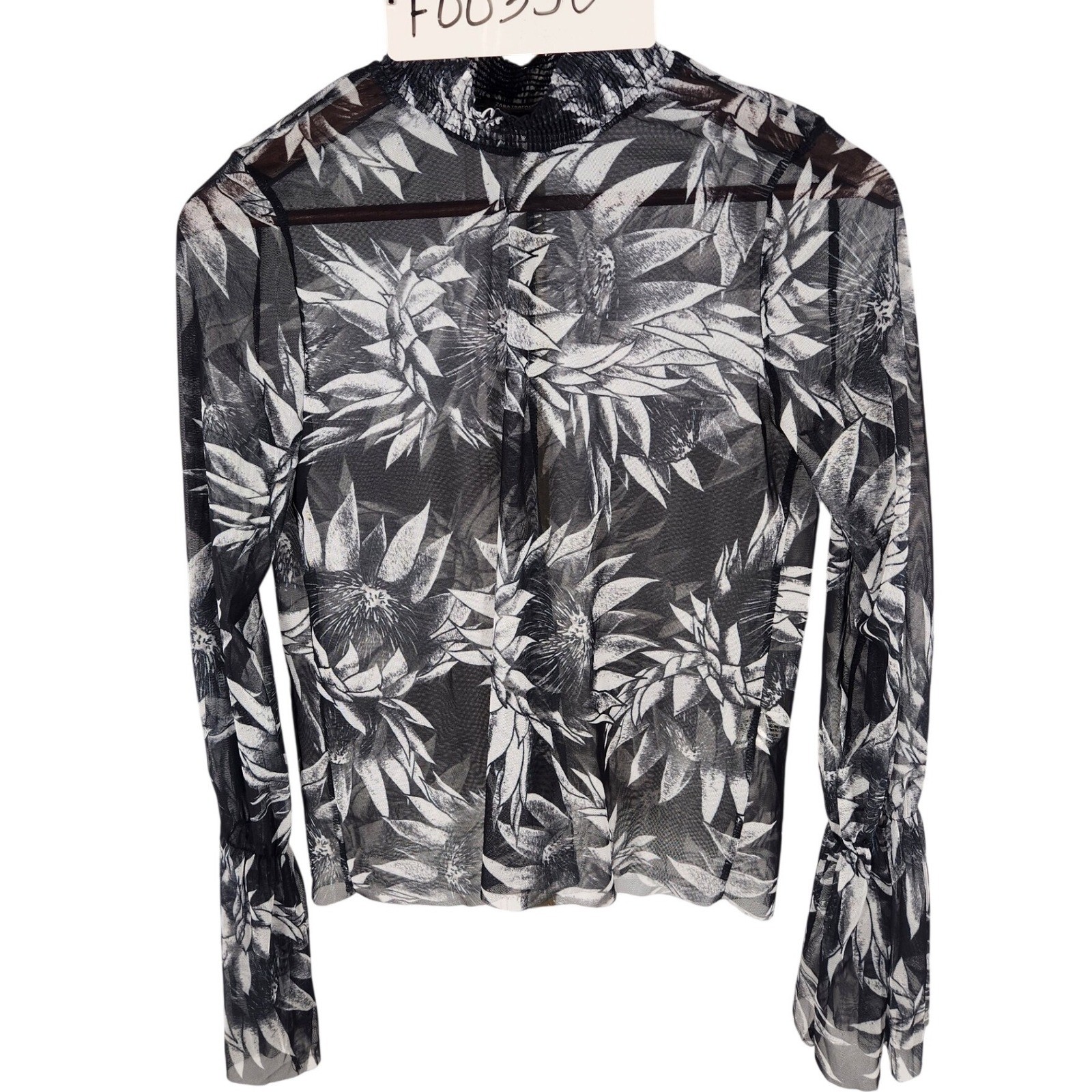 Zara Trafaluc Black White Palm Print Sheer Ruched Neck Balloon Sleeve Blouse S