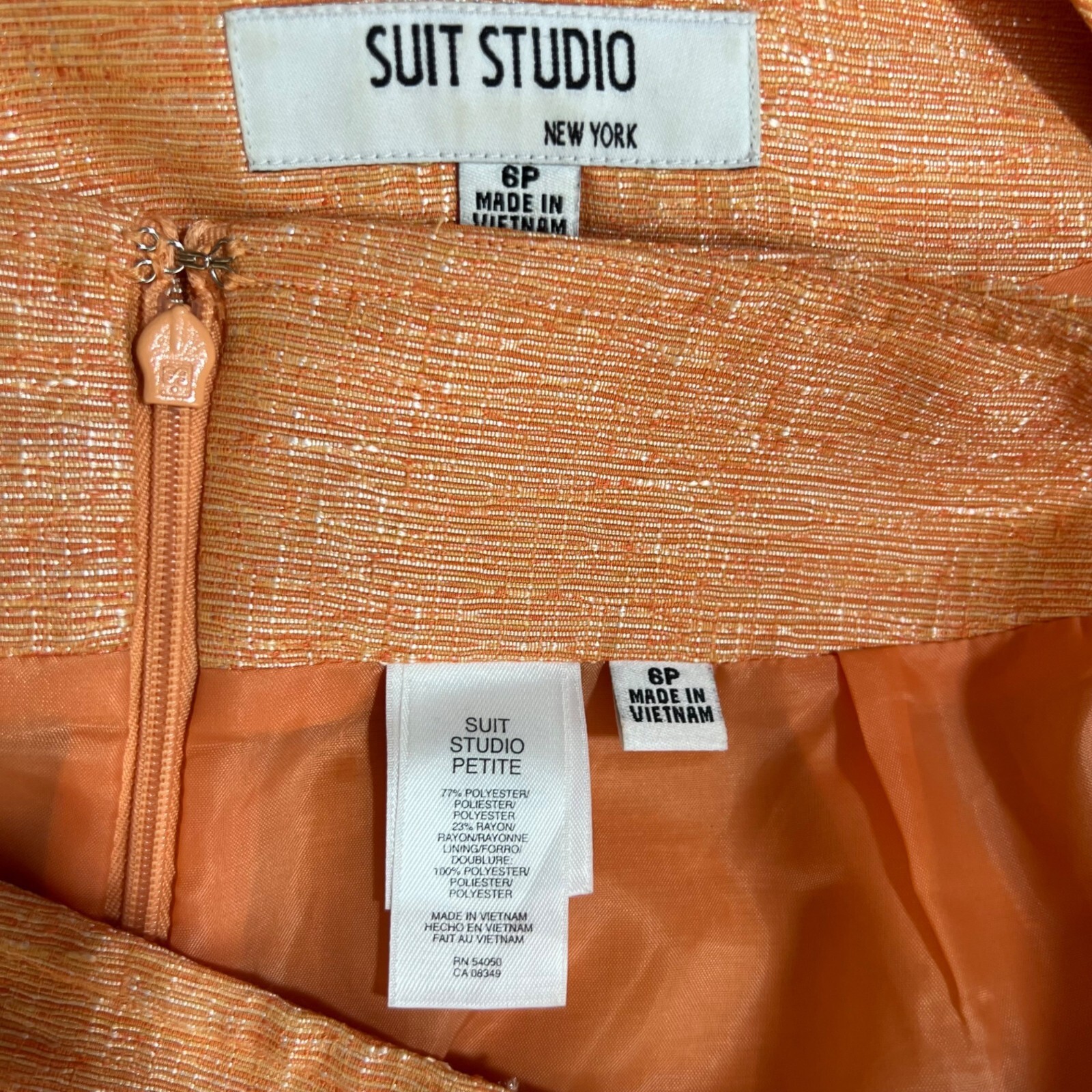 Suit Studio Polyester Rayon Skirt Suit 6P Orange Collarless Classic Lined 2PC