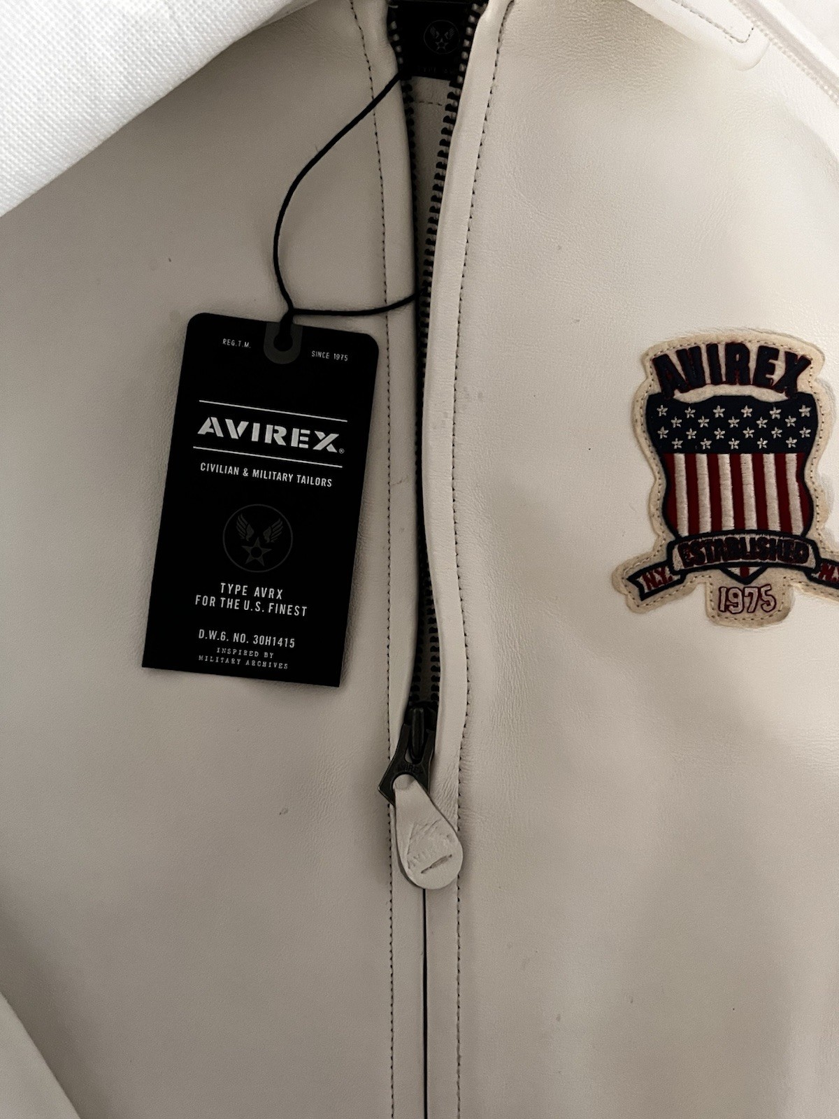Avirex Leather Bomber Jacket Men’s L/G White Full Zip Embroidered Logo