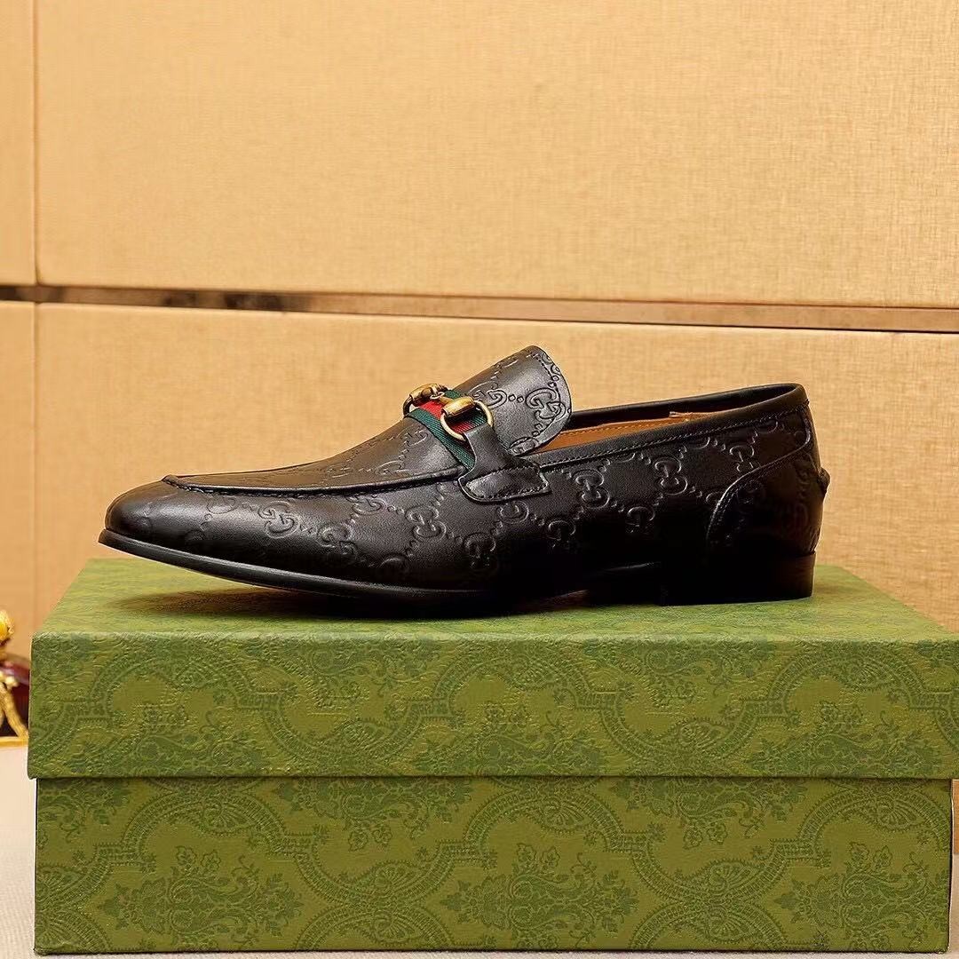 Gucci Men’s Horsebit Web GG Loafers Black Leather Slip On Dress Shoes