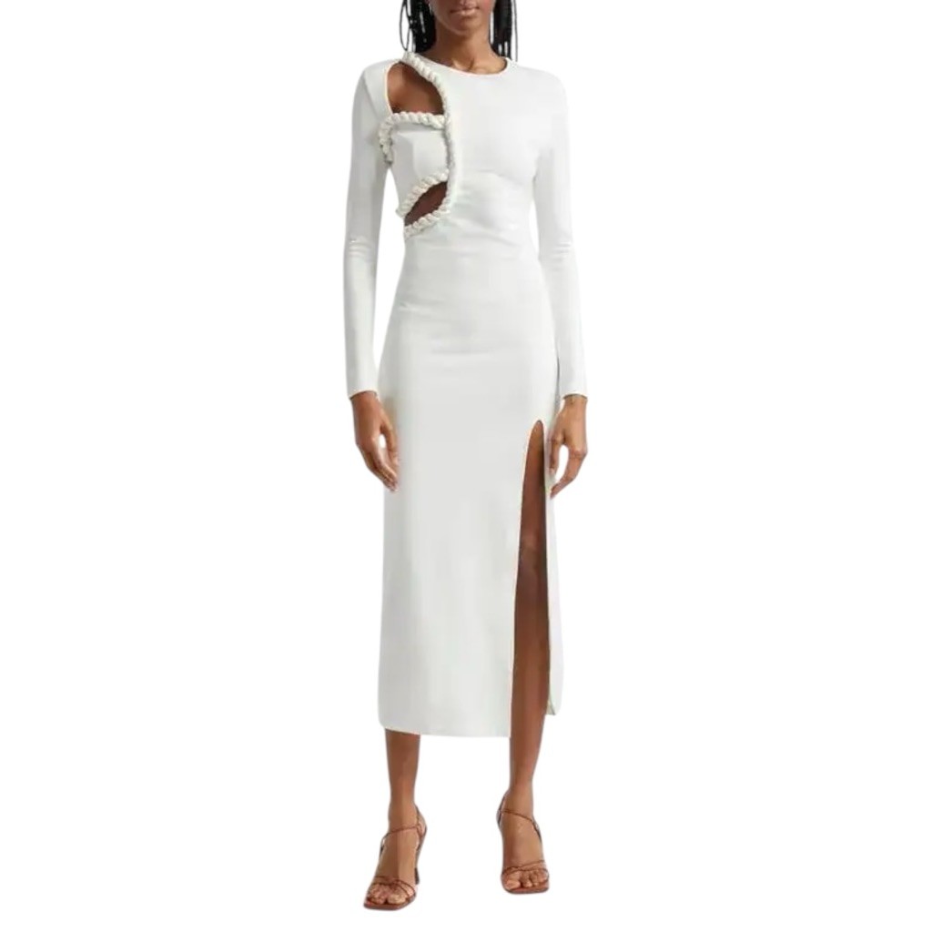 ELEXIAY Tife White Long Sleeve Rope Detail Cutout Maxi Slit Dress – Size Small