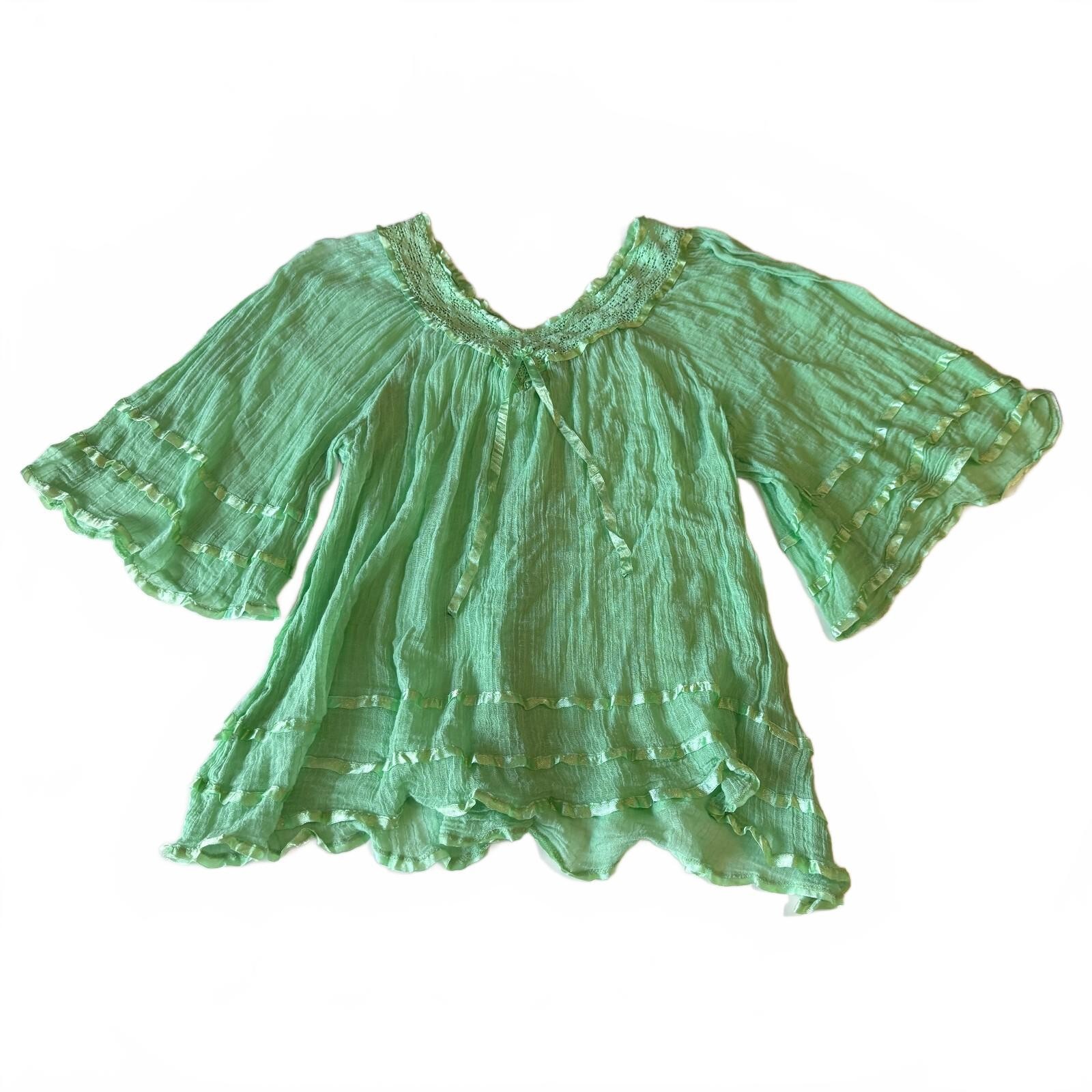 Bohemian Angel Sleeve Gauze Top Crochet & Ribbon Detail Bell Sleeves and Ruffles