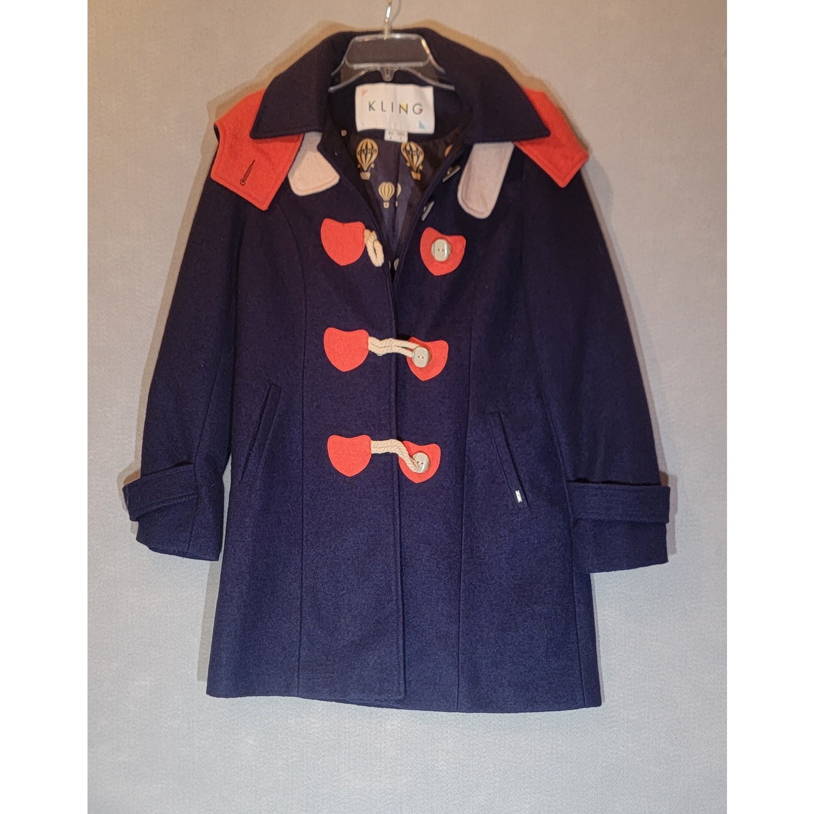 Kling Spain Navy Blue Red Wool Blend Toggle Removable Hood Coat Large