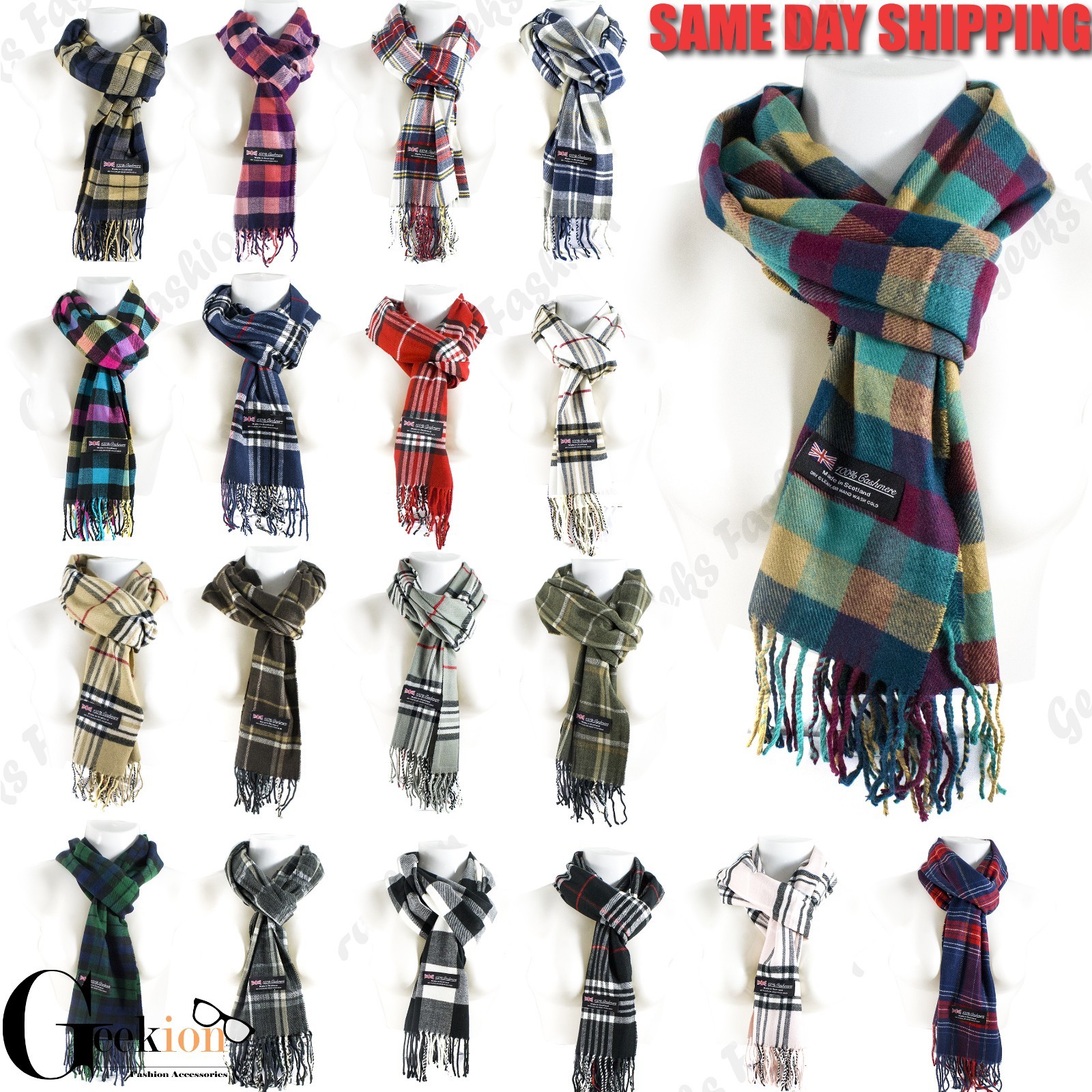 Women Men Scotland Made 100% Cashmere Plaid Scarf Winter Warm Wool Wrap Scarves