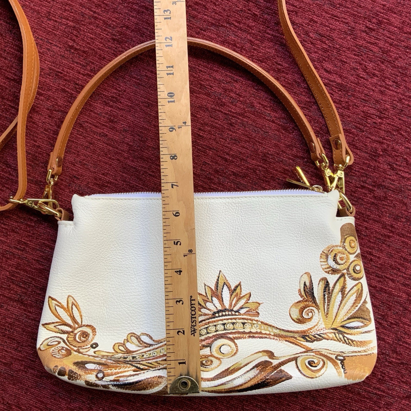 New Valentina Hand Painted Leather Crossbody Bag Floral Ivory Brown Italy