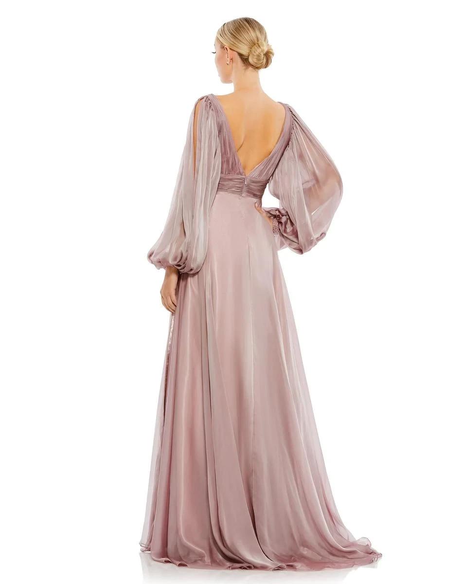 Mac Duggal Mocha Mauve A-Line Split Beaded Sleeve Chiffon Gown Size 16 $598