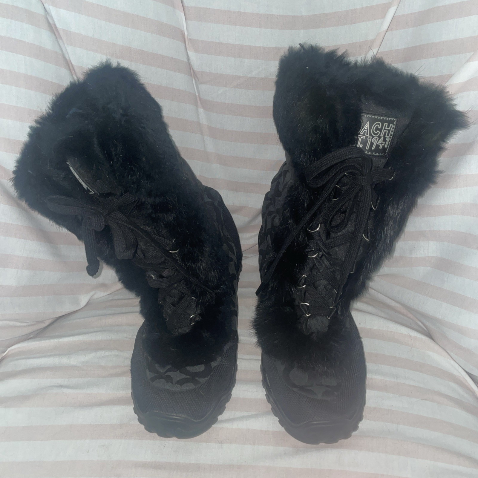 Coach Jennie Rabbit Fur Trim Logo Jacquard Winter Snow Boots Women’s 8B Lace Up