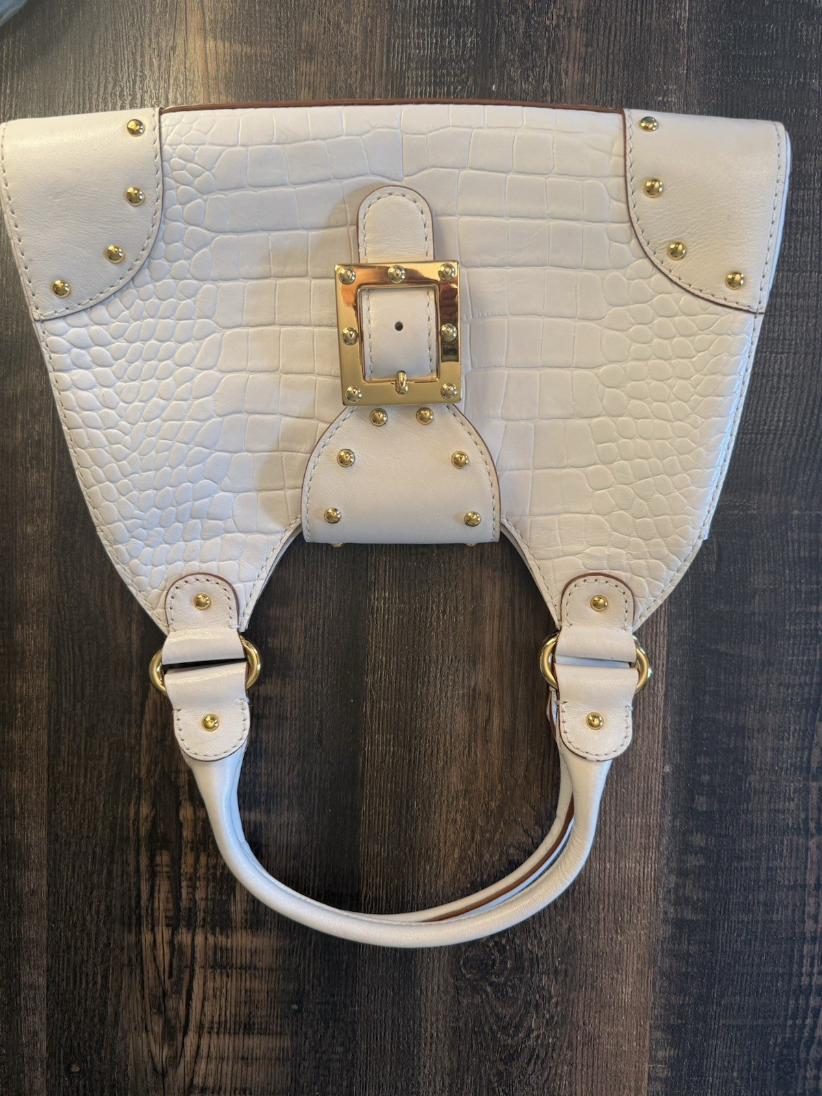 Michael Kors White Croc Embossed Satchel Top Handle Buckle Gold Hardware Pockets