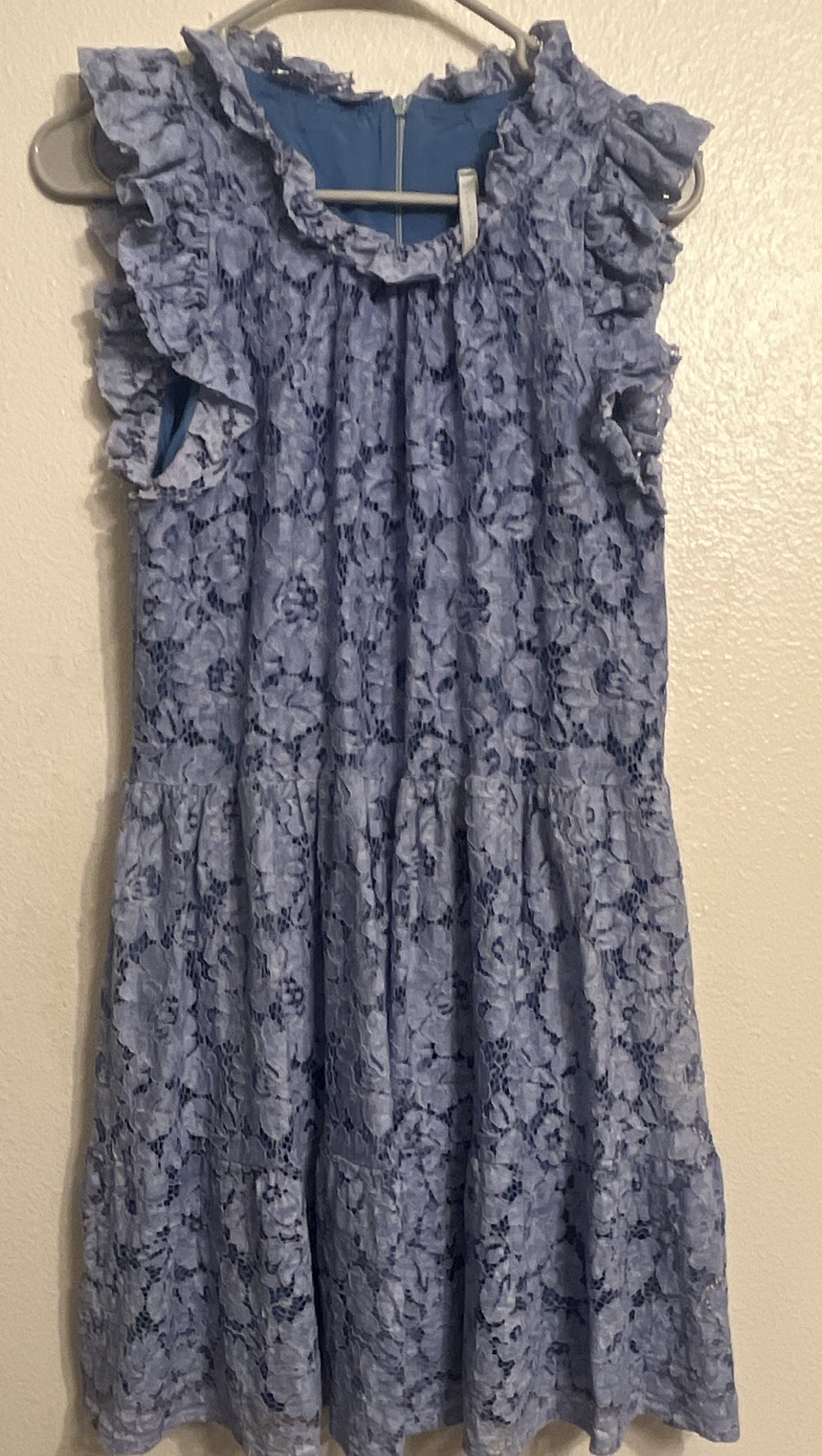 Imperial Blue Floral Lace Shift Dress Round Neck Ruffle Lined Zip M