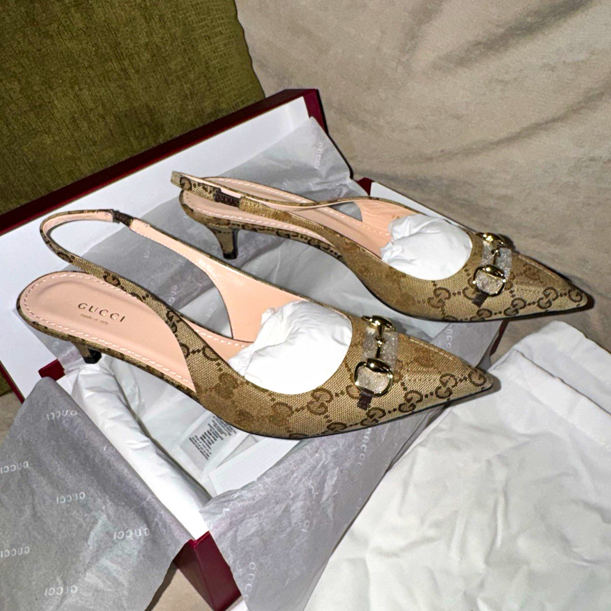 Gucci GG Monogram Horsebit Slingback Pointed Toe Leather Heels US 10.5