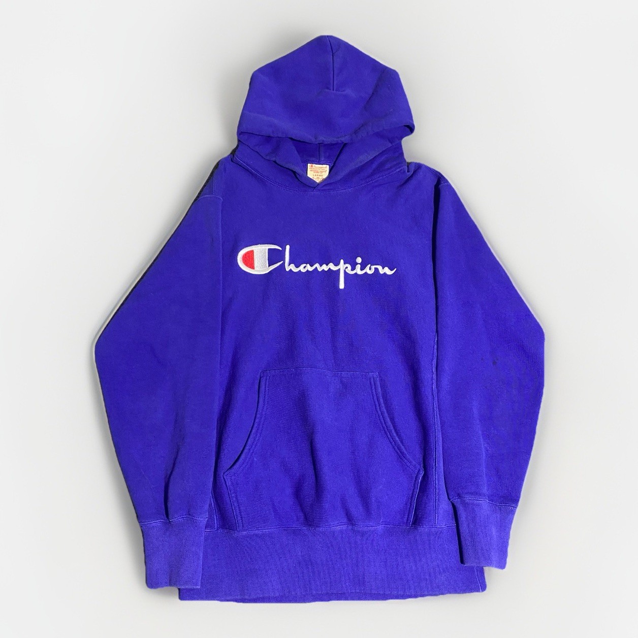 Vtg Champion Reverse Weave Large Blue Embroidered Pullover Hoodie Warm Up Script