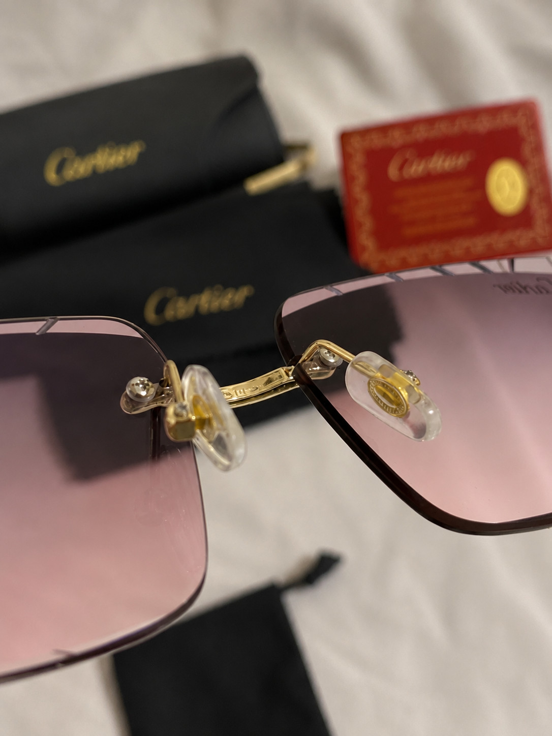 Cartier Big C Diamond Cut Frameless Pink/Grey Lens Gold Frame