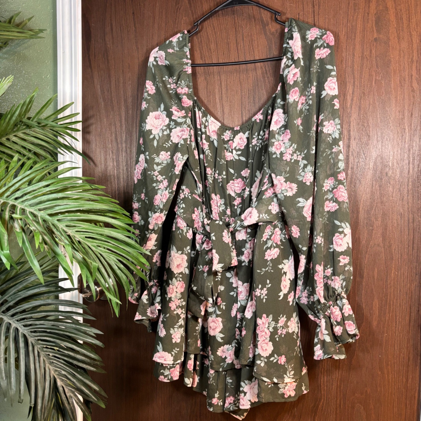 Trixxi Floral Romper XL Olive Green Pink Rose Long Sleeve Cottagecore