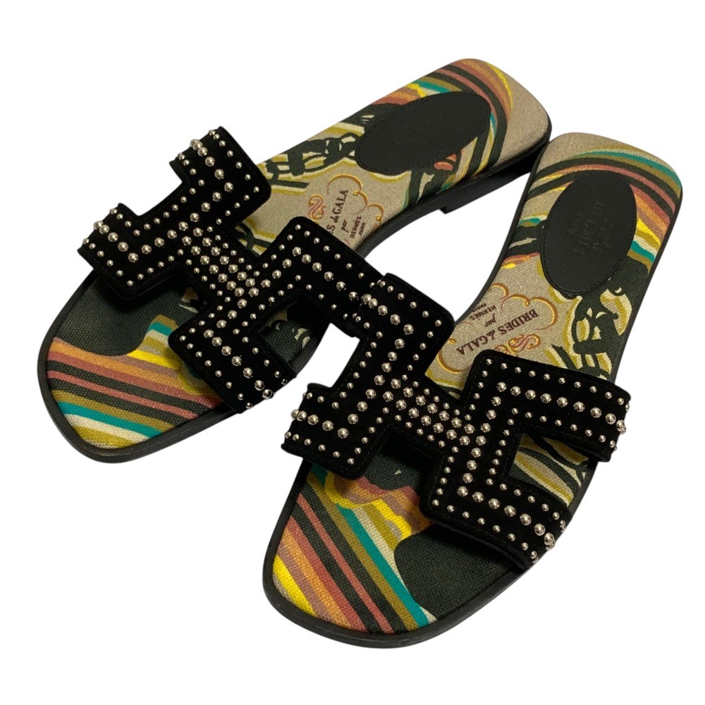HERMES Oran Studded Flat Sandals, Size 36 Black and Multicolor Women USED