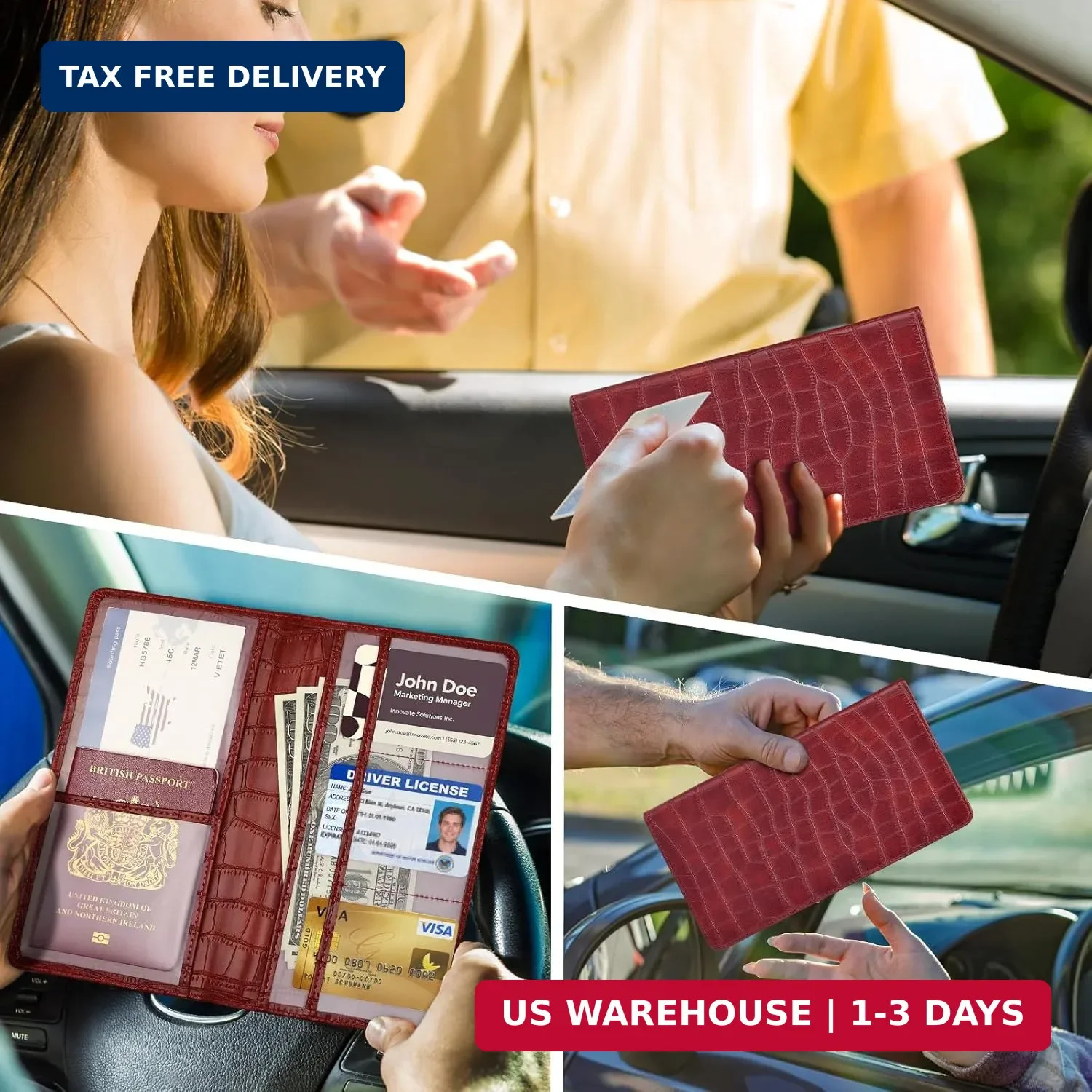 Registration and Insurance Card Holder, Red Vehicle Glove Box Car Organizer with