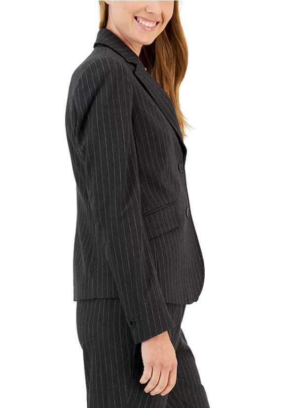 Anne Klein Womens Blazer Size 6 Jacket Button Pinstripe Black Wool Blend Petite