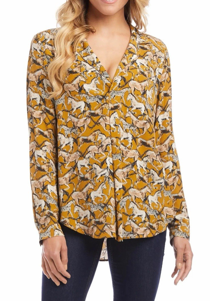 Karen Kane Wild Horses Print Popover Top Blouse Size XL Equestrian Western