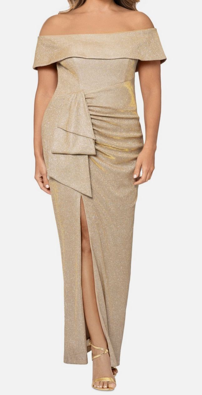 XSCAPE Women’s Gold Off-the-Shoulder Glitter Gown Dress Plus Size 22W