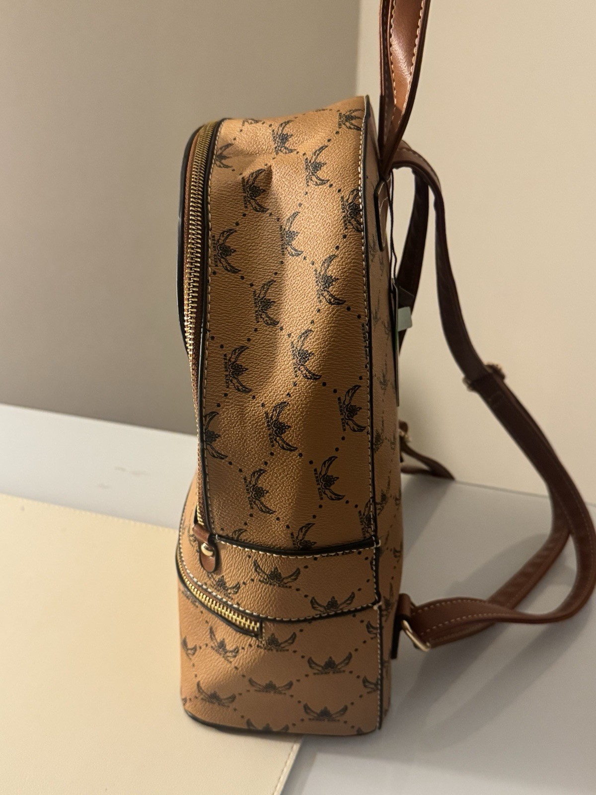 Wendy Keen Tan/Brown Logo Print Backpack w/ Zip, Pockets, Dust Bag