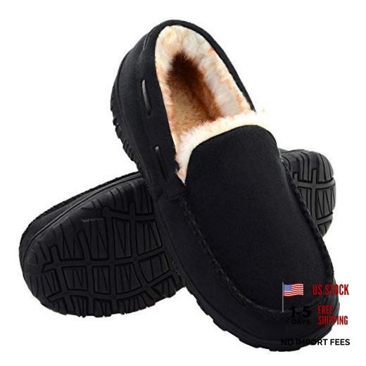 Mens Moccasin Slippers Indoor Outdoor Slip on Warm House Shoes 11 Black