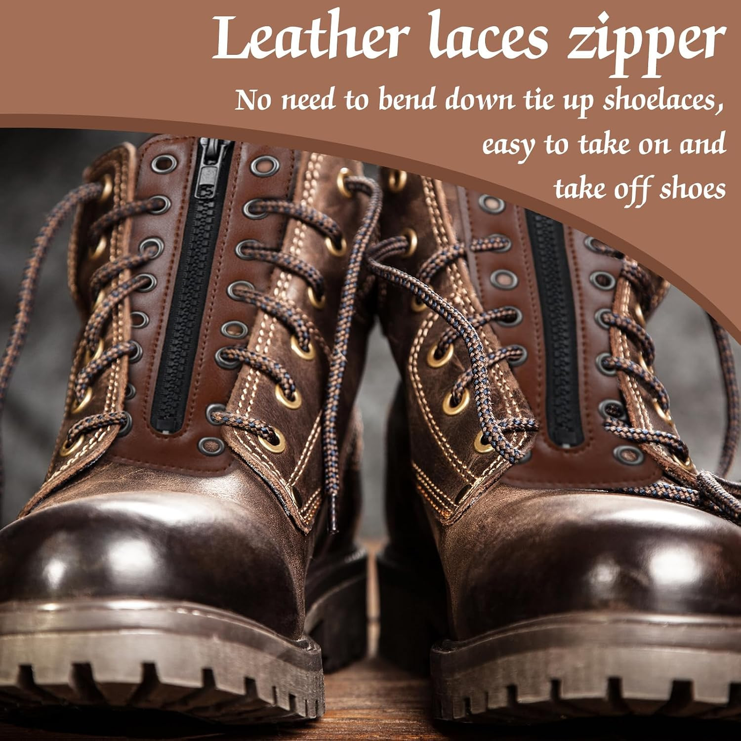 4 Pcs PU Leather Boot Zipper Inserts – Tieless Lace up Zipper Laces 8 Eyelet