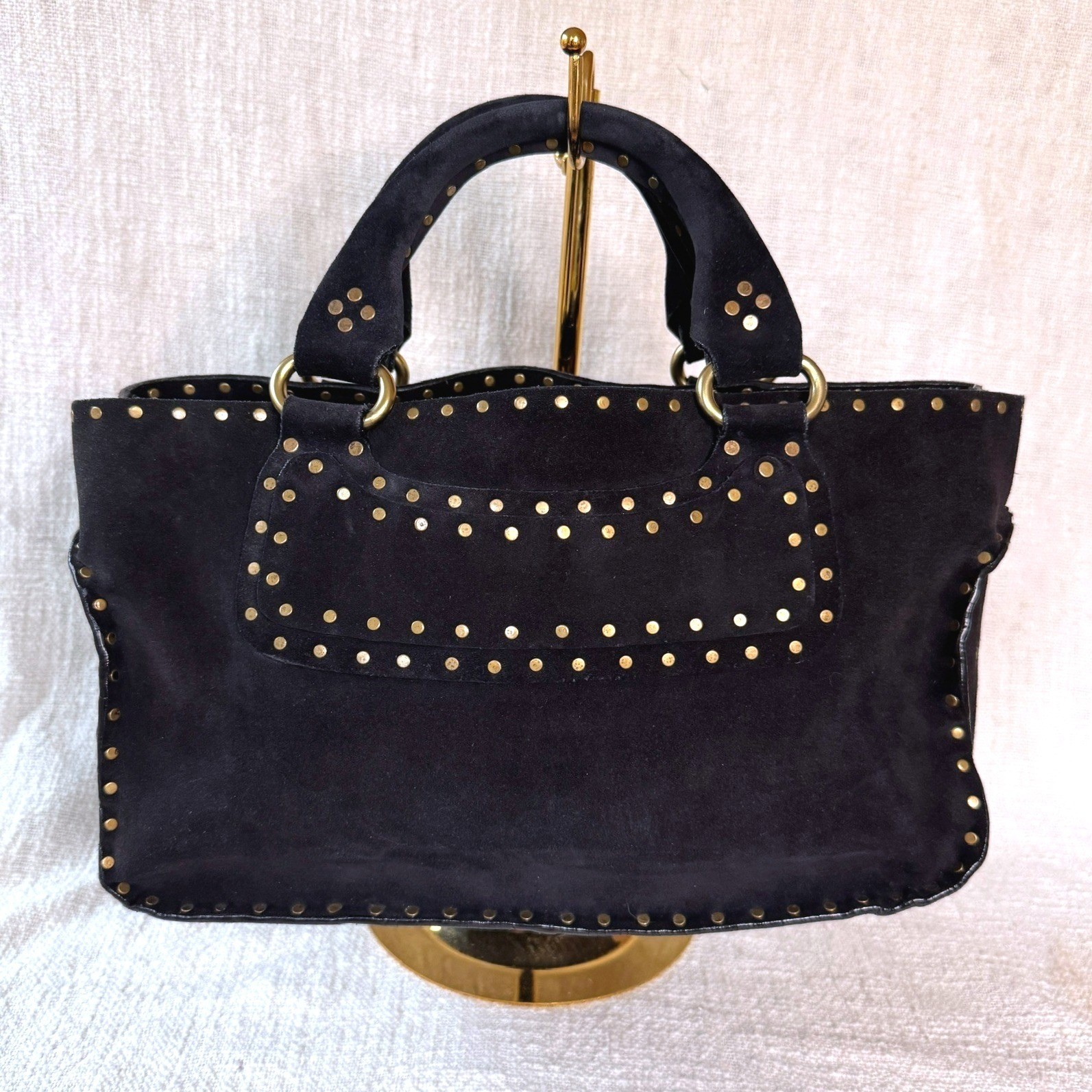Vintage Celine Boogie Bag Black Suede Gold Studded Satchel Handbag