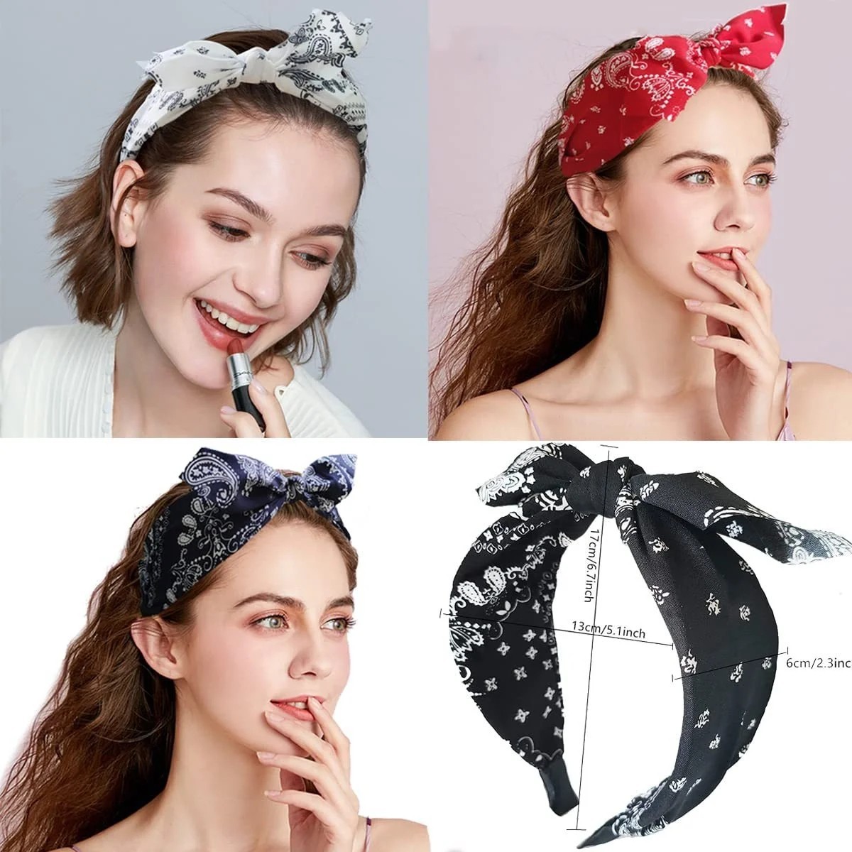 Fashion Paisley Bandana Headband for Women Top Knotted Bow Hairbands Cute Rabbit