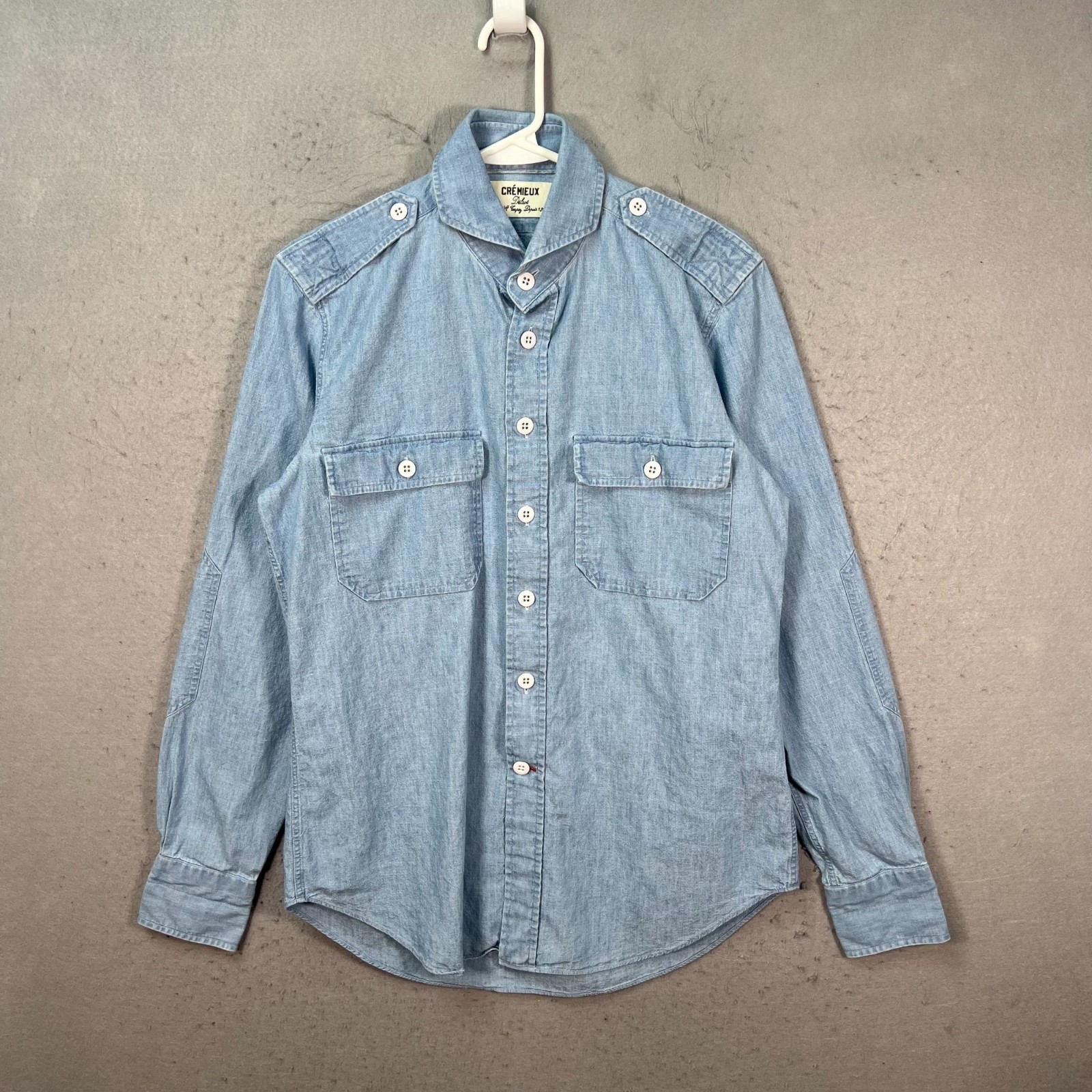 Crémieux Mens Medium Light Indigo Bleach Wash Chambray Shirt Military Button-Up