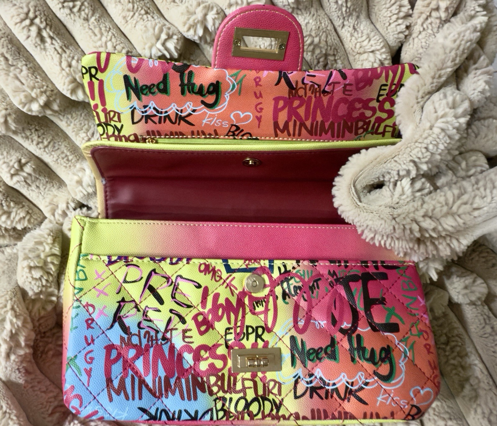 Alba Colorful Funky Graffiti Print Quilted Flap Shoulder Bag