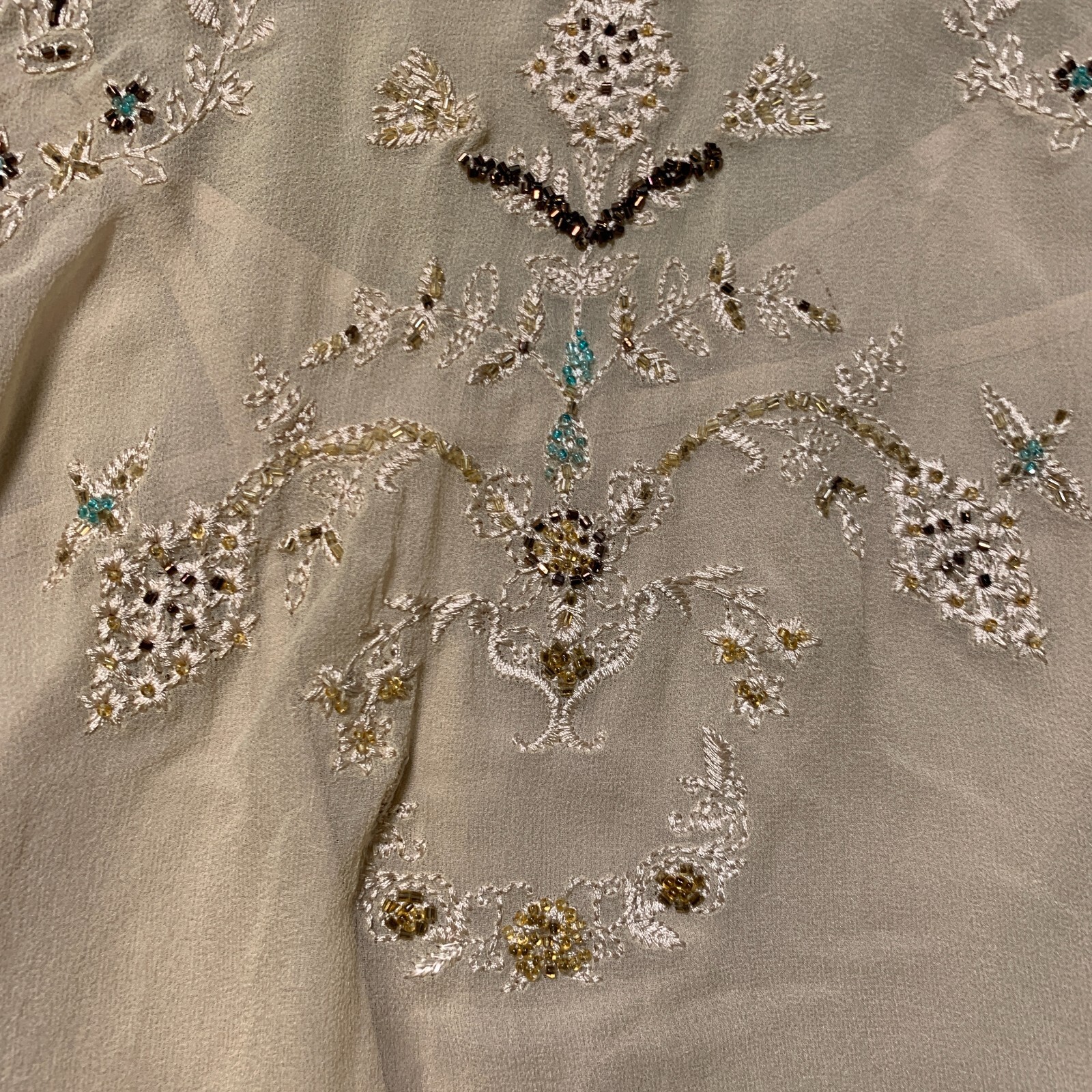 Silkland Layer Top Womens L Silk Semi Sheer Boho Coastal Cowgirl Embroider Bead