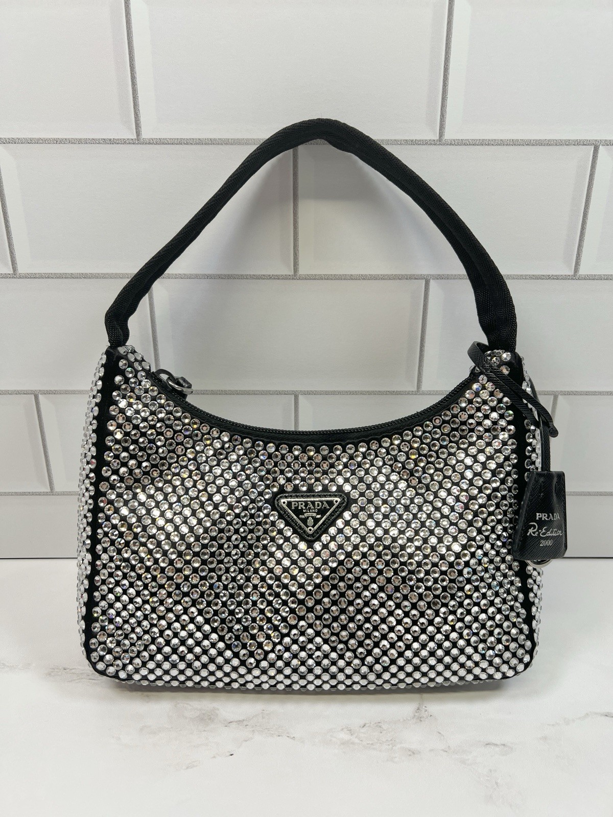 Prada Reedition Re edition 2000 Satin Hobo Mini Shoulder Bag Purse Crystal Gems